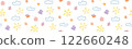 Seamless pattern with hand drawn doodle style flowers, clouds, suns and butterflies. Crayon pencil texture, child drawings. Cute background, spring, summer wallpaper for print, packaging, textile. 122660248