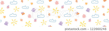 Seamless pattern with hand drawn doodle style flowers, clouds, suns and butterflies. Crayon pencil texture, child drawings. Cute background, spring, summer wallpaper for print, packaging, textile. 122660248