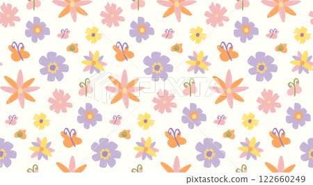 Seamless pattern with hand drawn doodle style flowers and butterflies. Crayon pencil texture, child drawings. Cute background, spring, summer wallpaper for print, packaging, textile, seasonal designs. 122660249