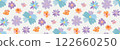 Seamless pattern with hand drawn doodle style flowers and butterflies. Crayon pencil texture, child drawings. Cute background, spring, summer wallpaper for print, packaging, textile, seasonal designs. 122660250