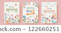 Set of floral backgrounds with colorful hand drawn flowers in cute doodle style. Crayon pencil texture, child drawings. Background templates for seasonal promotion, spring, summer design, sale banner. 122660251
