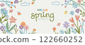 Hello Spring background with hand drawn doodle flowers. Colorful floral banner, backdrop with flower elements, crayon pencil child drawings. Spring summer bright design template for cover, promo, ads. 122660252