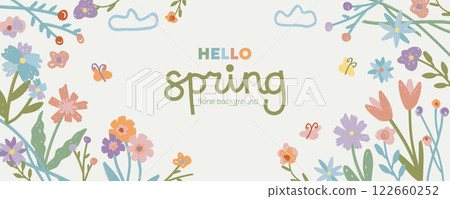 Hello Spring background with hand drawn doodle flowers. Colorful floral banner, backdrop with flower elements, crayon pencil child drawings. Spring summer bright design template for cover, promo, ads. Hello Spring background with hand drawn doodle flowers. Colorful floral banner, backdrop with flower elements, crayon pencil child drawings. Spring summer bright design template for cover, promo, ads. 122660252