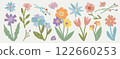 Set of colorful hand drawn flowers in doodle style. Collection of cute floral elements, crayon pencil child drawings. Decoration for spring, summer designs, posters, banners, greeting cards. 122660253