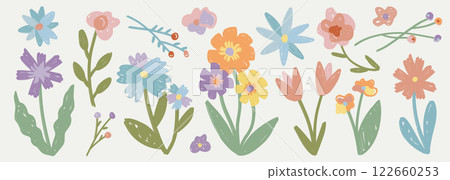 Set of colorful hand drawn flowers in doodle style. Collection of cute floral elements, crayon pencil child drawings. Decoration for spring, summer designs, posters, banners, greeting cards. 122660253