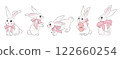 Set of hand drawn white bunnies with pink bows in various poses, sitting, standing, holding an Easter egg. Cute sketchy style rabbits, outline illustration for easter designs, greeting cards, prints. 122660254