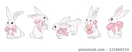 Set of hand drawn white bunnies with pink bows in various poses, sitting, standing, holding an Easter egg. Cute sketchy style rabbits, outline illustration for easter designs, greeting cards, prints. Set of hand drawn white bunnies with pink bows in various poses, sitting, standing, holding an Easter egg. Cute sketchy style rabbits, outline illustration for easter designs, greeting cards, prints. 122660254