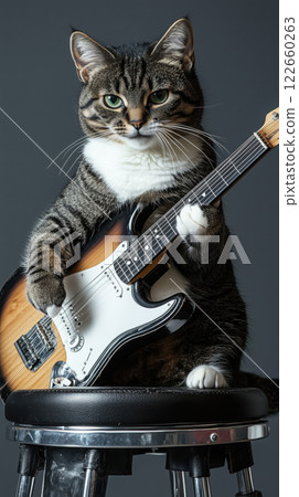 black and white tabby cat playing guitar with confident expression 122660263