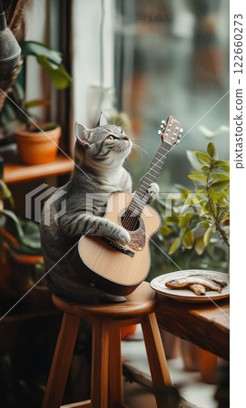 grey cat playing guitar in cozy indoor setting with plants grey cat playing guitar in cozy indoor setting with plants 122660273