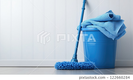 blue cleaning bucket with mop and towels, perfect for minimalistic cleaning 122660284