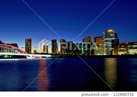 Sumida River Terrace - Night view of Tsukiji Bridge and skyscraper apartment buildings Sumida River Terrace - Night view of Tsukiji Bridge and skyscraper apartment buildings 122660316