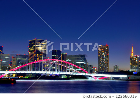 Sumida River Terrace - Night view of Tsukiji Bridge and skyscraper apartment buildings Sumida River Terrace - Night view of Tsukiji Bridge and skyscraper apartment buildings 122660319