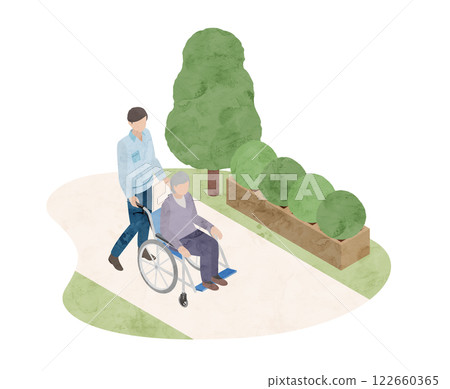 Watercolor style isometric landscape of a senior sitting in a wheelchair and a care staff member, illustration 122660365