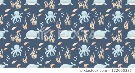Seamless pattern with cute baby whale, sea animals, watercolor hand drawn isolated repeating design for kids 122660385