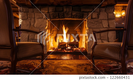 A cozy fireplace with a gentle fire, surrounded by inviting chairs, symbolizing a warm, communal space. 122660431