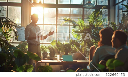 A manager, presenting a quarterly report in a sunlit room surrounded by lush plants and futuristic design. 122660453