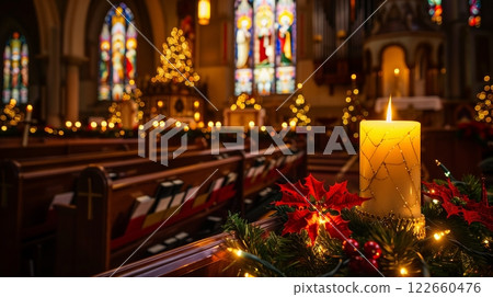A Christmas Eve service in a beautifully decorated church, with candlelight, brings peace and joy to all. 122660476