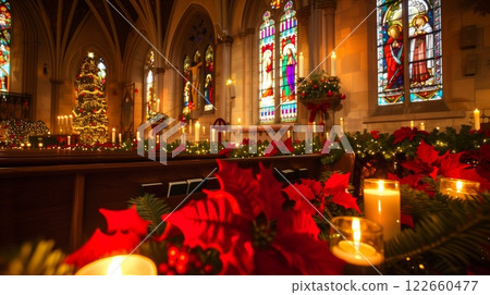 A Christmas Eve service in a decorated church with candlelight and carols creates a festive, reverent vibe. 122660477