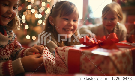 Children eagerly unwrapped presents, laughter filling the room and creating unforgettable memories. 122660478