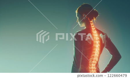 Visualization of spinal health shows a woman with back pain, highlighting the spine's anatomy and injury risks. 122660479
