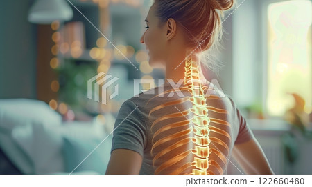 Visualization of spinal health showcases a woman with back pain, highlighting spine complexity and injury risks. Visualization of spinal health showcases a woman with back pain, highlighting spine complexity and injury risks. 122660480
