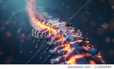 An artistic portrayal of back pain with a glowing spine highlights areas of discomfort and stress vividly. 122660494