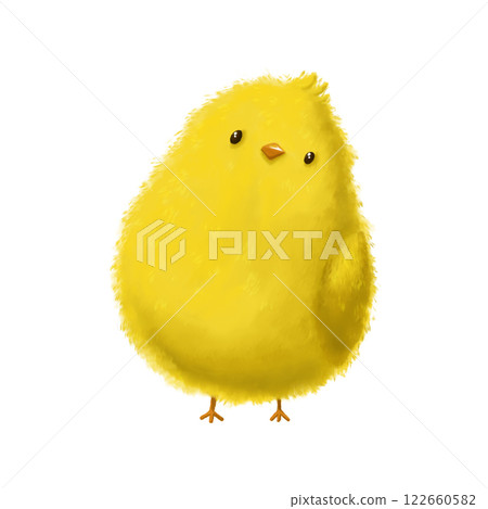 A charming, fluffy yellow chick with a plump body. Simple, innocent, cute watercolor illustration on a white background is suitable for Easter card design, egg packaging, children's clothing, dishes 122660582