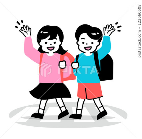 與朋友一起注意道路安全：可愛的小學生上學插畫，微笑的孩子們在人行道上舉起雙手 122660608