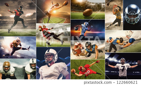 American football players in motion across stadiums, highlighting strength, strategy, and determination American football players in motion across stadiums, highlighting strength, strategy, and determination 122660621