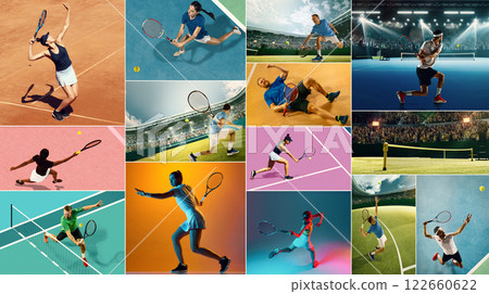 Tennis intensity. Athletes in powerful action in various courts, playing with determination. Precision, and endurance 122660622