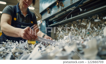 A recycling worker intensely feeds paper into an industrial shredder, highlighting proper recycling efforts. 122660709