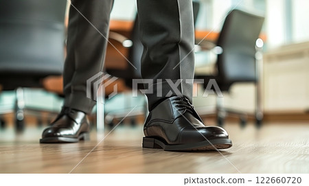 In a boardroom, a man in sleek dress pants and Oxfords presents a groundbreaking idea to captivated executives. In a boardroom, a man in sleek dress pants and Oxfords presents a groundbreaking idea to captivated executives. 122660720