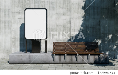 Blank billboard Mock up with bench in the city. 3D Rendering Blank billboard Mock up with bench in the city. 3D Rendering 122660753