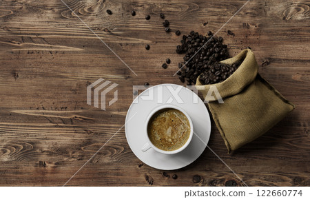 Coffee cup and coffee beans on wooden background. 3d rendering 122660774