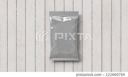 Aluminium Foil Package Mock up for Copy Space with Wood Background. 3D Rendering Aluminium Foil Package Mock up for Copy Space with Wood Background. 3D Rendering 122660784