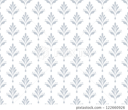Flower geometric pattern. Seamless vector background. White and gray ornament. Ornament for fabric, wallpaper, packaging. Decorative print Flower geometric pattern. Seamless vector background. White and gray ornament. Ornament for fabric, wallpaper, packaging. Decorative print 122660926