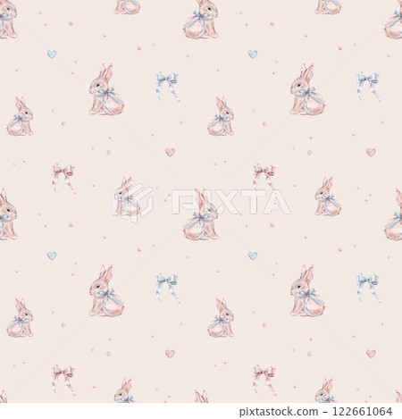 Watercolor seamless pattern with cute white rose bunny with blue bow and polka dots. Repeat pattern pastel color with rabbit. Tender watercolor hand drawn illustration for holiday or kids design. Watercolor seamless pattern with cute white rose bunny with blue bow and polka dots. Repeat pattern pastel color with rabbit. Tender watercolor hand drawn illustration for holiday or kids design. 122661064