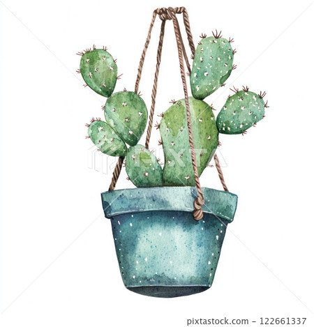 vibrant hanging cactus in blue pot, showcasing its unique shape and texture, adds touch of nature to any space 122661337