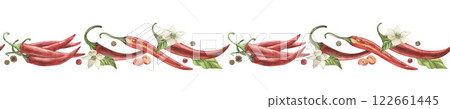 Seamless border with red, hot chili pepper, leaves, flowers. The watercolor illustration with whole and cut pepper fruits is hand-painted in a botanical style. For textile design, menus, cookbooks 122661445