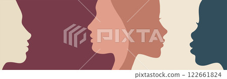 Close-up silhouette profile view faces of diverse women.  Female social network community. Racial equality.Friendship. Colleagues. Women s day. Banner copy space  122661824