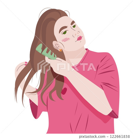Young woman doing hair brushing. Self-care woman with beauty everyday routines. Wellness lifestyle branding. Minimalistic vector illustration in flat modern style. Isolated Young woman doing hair brushing. Self-care woman with beauty everyday routines. Wellness lifestyle branding. Minimalistic vector illustration in flat modern style. Isolated 122661838
