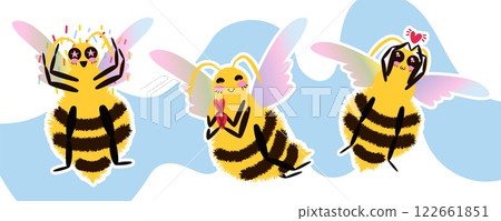 Set of cute happy cartoon bees. Fluffy Bee characters with colorful wings in different poses celebrants and holding hearts. Vector illustration 122661851