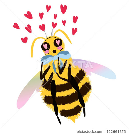 Fluffy and romantic Bee character with rainbow-tinted wings flying with hearts. Cute and expressive cartoon Bee. Whimsical and stylized isolated vector illustration 122661853