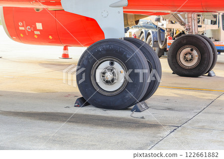 main landing gear of modern passenger aircraft taxi on taxi way.  122661882