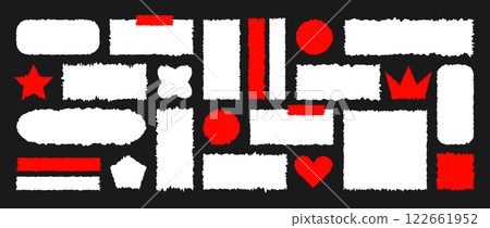 Jagged Rectangle shapes. Set of ripped paper different forms isolated on black background. Text box with waves edges. Grunge Vector illustration 122661952