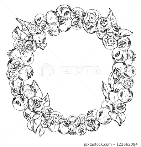 Blueberry blackberry, hand drawn in ink vector, group of scattered ripe forest berry with drops and plant leaves. Wreath frame isolated illustration, for restaurant, cafe menu, wedding, farmers market Blueberry blackberry, hand drawn in ink vector, group of scattered ripe forest berry with drops and plant leaves. Wreath frame isolated illustration, for restaurant, cafe menu, wedding, farmers market 122662084