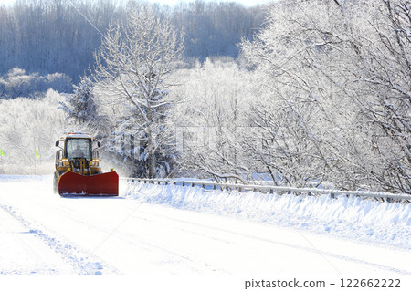Eastern Hokkaido, Hokkaido scenery, frost, extremely cold morning, riverside forest covered in frost and a snowplow crossing a bridge 122662222