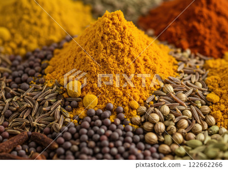 擺滿香料和水果的桌子(AI 生成的圖像) 擺滿香料和水果的桌子(AI 生成的圖像) 122662266