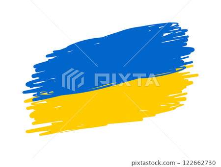 Abstract brush strokes of blue and yellow colors. Ukrainian flag label in a modern and artistic style isolated on transparent background. Independence day Ukraine. Peace day. Vector illustration 122662730