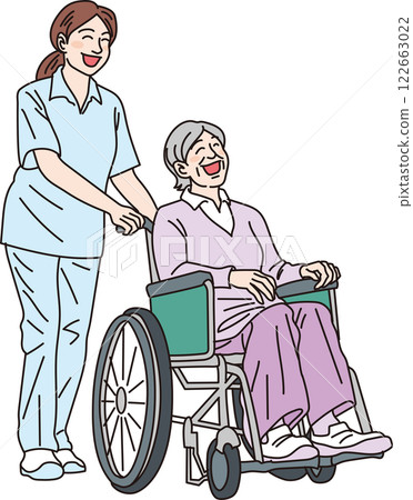 Nursing care illustration _ Smiling caregiver and elderly woman in a wheelchair _ Color Nursing care illustration _ Smiling caregiver and elderly woman in a wheelchair _ Color 122663022